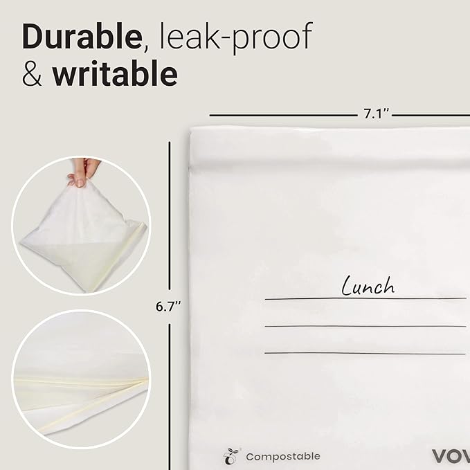 Vove Compostable Zip Bags | 30-Pack Sandwich Size | Biodegradable Food Storage | PLA & PBAT Eco-Friendly | Zero Waste Kitchen | Plastic-Free | FSC & DIN Certified