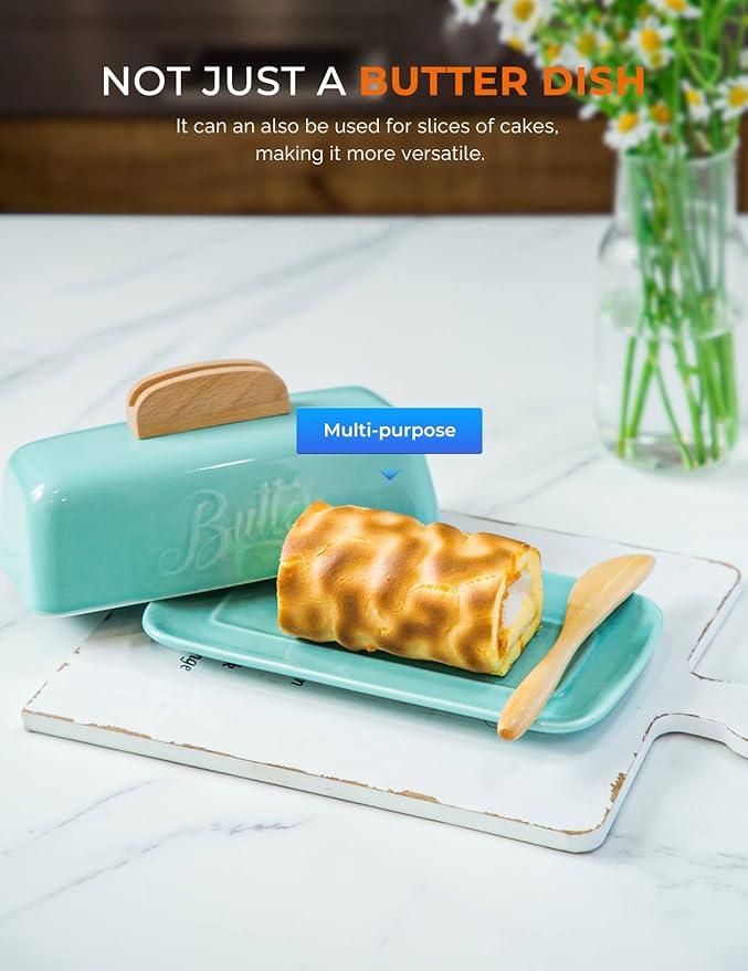 Butter Dish with Lid and Knife Ceramic Butter Holder for Counter Humanized Clamp-able Knife Handle Design, Perfect for East West Coast Butter, Skyblue