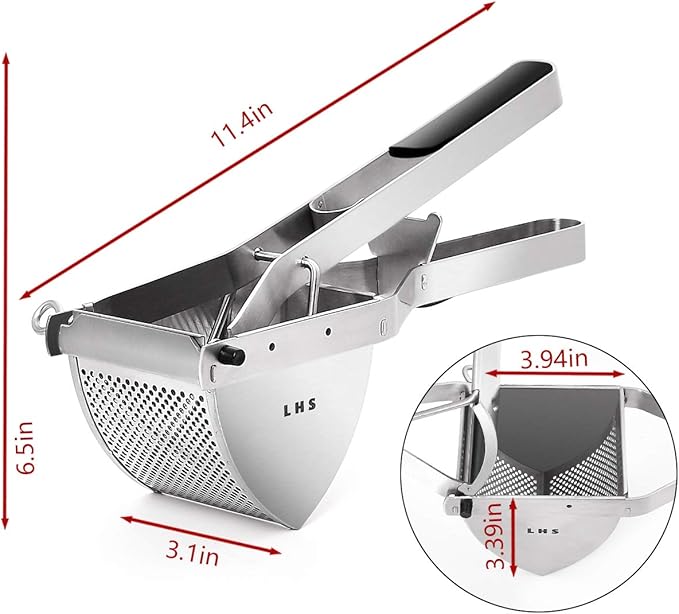 LHS Stainless Steel Potato Ricer and Masher, Heavy Duty Commercial Food Masher, Ergonomic Comfort Grip, Extra Large Capacity, Dishwasher Safe (Black)