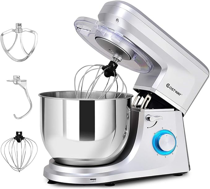 COSTWAY Stand Mixer, 7.5-Quart 660W 6-Speed Electric Mixer with Stainless Steel Bowl, Tilt-head Food Mixer with Dough Hook, Beater, Whisk (Sliver)