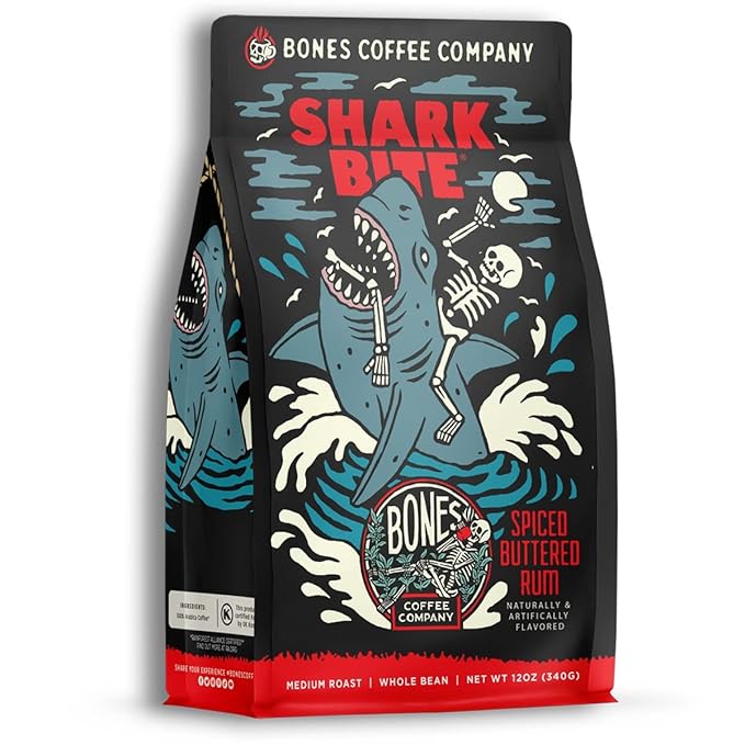 Bones Coffee Company Shark Bite, Buttered Rum Flavored Coffee, Medium Roast Low Acid Arabica Beans Compatible with Auto drip and French Press Coffee Maker, 12 Oz Ground