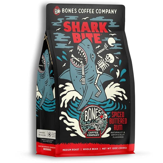 Bones Coffee Company Shark Bite, Buttered Rum Flavored Coffee, Medium Roast Low Acid Arabica Beans Compatible with Auto drip and French Press Coffee Maker, 12 Oz Ground