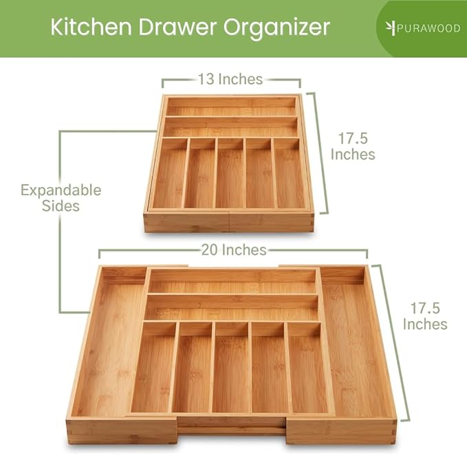 Purawood Bamboo Drawer Organizer - Expandable Silverware Organizer & Utensil Drawer Organizer, Cutlery Tray with Dividers, 7-9 Slots- Kitchen Organizer for Utensils & Flatware (Natural)