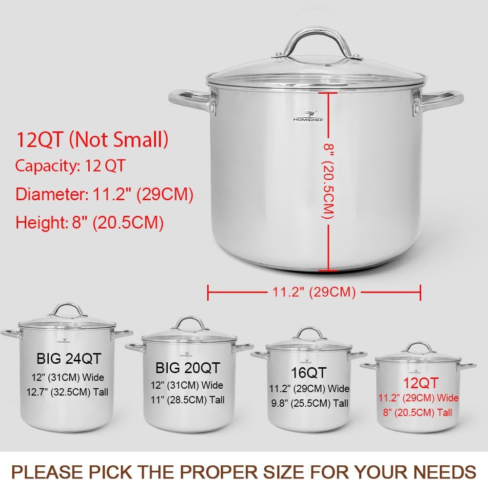 HOMICHEF 12 Quart LARGE Stock Pot with Glass Lid - NICKEL FREE Stainless Steel Healthy Cookware Stockpots with Lids 12 Quart - Mirror Polished Induction Pot - Commercial Grade Soup Cooking Pot