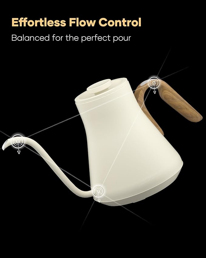 Cocinare FLOW B9 Gooseneck Electric Kettle, Precise Temperature Control for Pour-Over Coffee & Tea Brewing, Stainless Steel Interior, Rapid Heating for Boiling Water 1500W/0.9L (White Wooden)