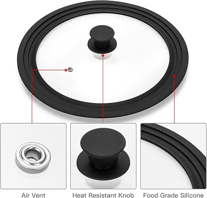 Universal Lid for Pots, Pans and Skillets, Tempered Glass Lid fit 11", 12", 12.5" Skillets, Pots, Frying Pans, Cast Iron, Crock Pot and Other Glass Covers Replacement