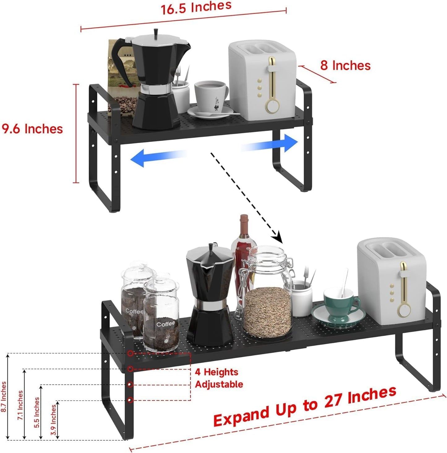 Expandable Cabinet Shelf Organizer Adjustable Metal Spice Rack Stackable Freestanding Counter Storage Shelves for Kitchen Cabinet Under Sink Office Desk (Black - 3Pack - L16.5-27'' * W8'' * H9.6'')