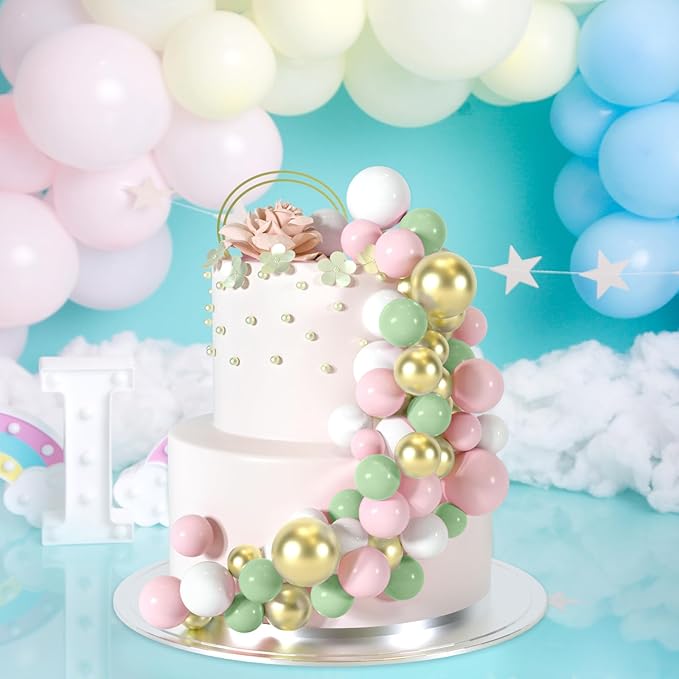48 Pcs Balls Cake Topper Decorations Balloon Cupcake Toppers Foam Cake Topper Balls Cake Balls Decorations for Birthday Party Wedding Cake Decorating(Green,Pink,White,Gold)