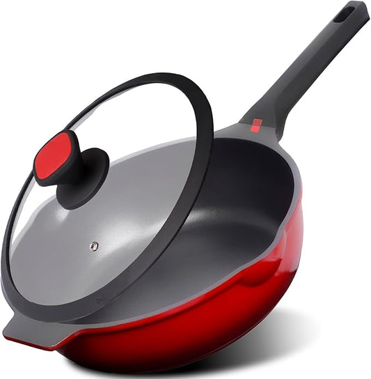 DIIG Nonstick Deep Frying Pan Skillet with Lid, 12 inch/ 5.5 QT Saute Pan with Silicone Lid, Sauce Cookware Cooking Chef Pans, Cast Aluminum Induction Compatible, Ruby Red