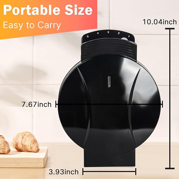 Electric Heart-shape Waffle Maker: 5-Temp Control & Fast Heating - Black round Shape with Non-Stick Scratch-Resistant Coating for Belgian Waffles（Single-plate）
