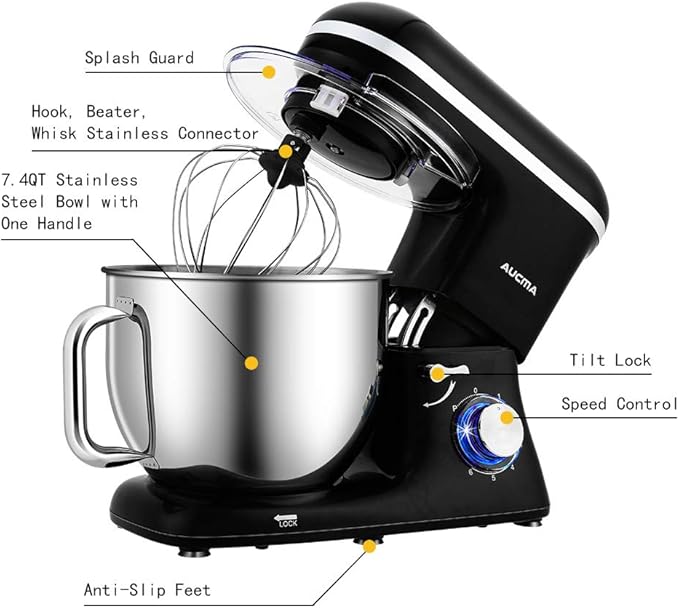 Aucma Stand Mixer,7.4QT Food Mixers, Kitchen Electric Mixer with Dough Hook, Wire Whip & Beater(Black, 7.4QT)