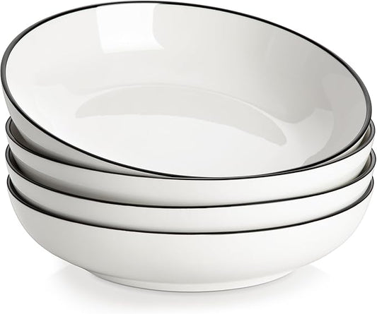 MALACASA 8.85" Large Pasta Bowls, 42 OZ White Salad Bowls Soup Bowls, Porcelain Serving Bowls Set of 4, Ivory White & Black Rim, Microwave & Dishwasher Safe, Series REGULAR