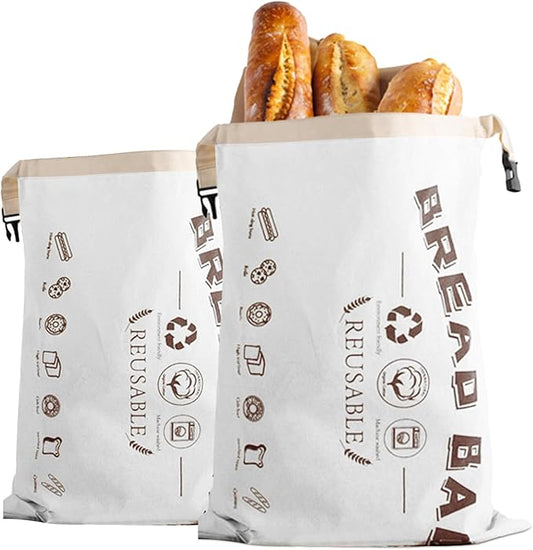 2-Pack Bread Bags, Reusable Bread Bags for Homemade Bread, Buckle Closure,Fresh Keeping Extra Large Bags, Food Bag (White)