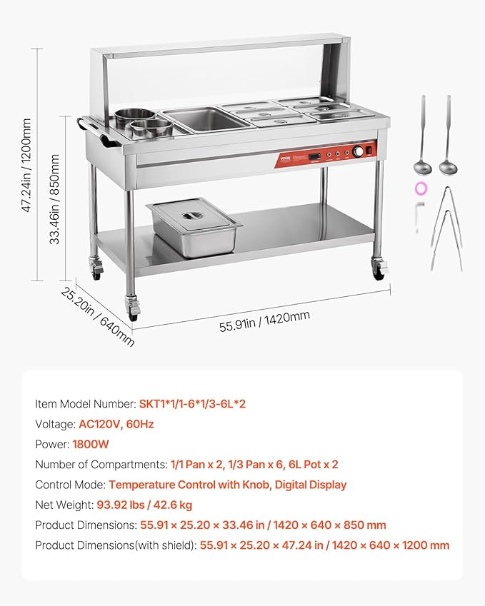 VEVOR Commercial Food Warmer, 7 Pans + 2 Pots Electric Steam Table, 1800W Professional Buffet Catering Food Warmer with Shield Undershelf Wheels, Stainless Steel Server for Party Restaurant Hotel