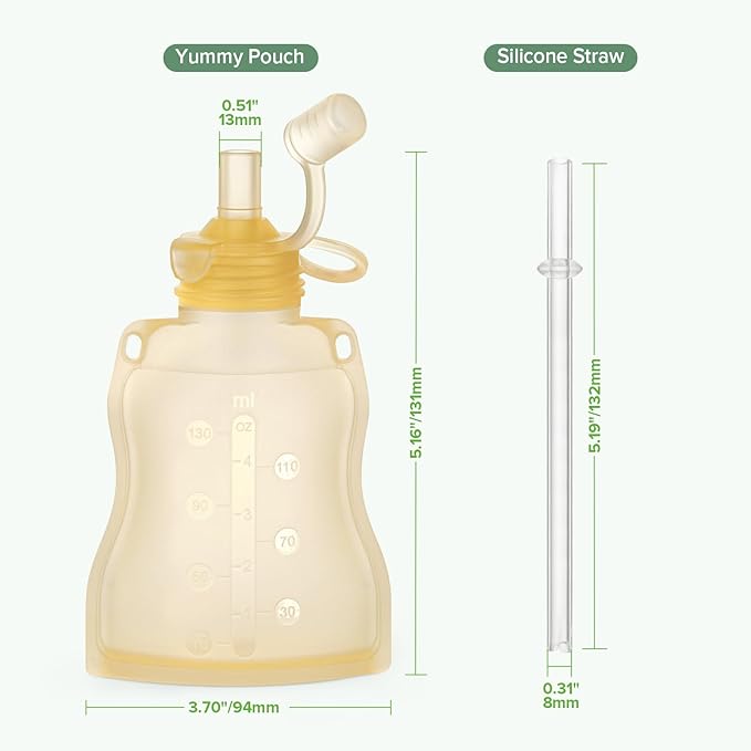 haakaa Baby Food Pouch Refillable Baby Squeeze Silicone Yummy Pouch, Soft Reusable Squeeze Storage Food Pouch for Kids Toddler,Home Made Food Puree,Smoothie Pouch Bag, 4oz, 4 Pack,6m+ (Yellow)