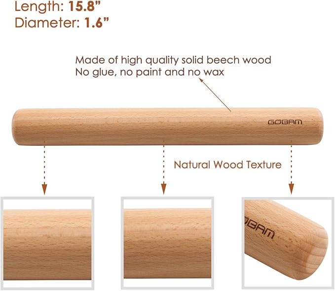 GOBAM Wood Rolling Pin, Extra Large - Dough Roller for Pasta, Cookies, Pie, Pizza, Chapati, Fondant, Rolling Pins for Baking, Bread Making Tools and Supplies - 15.8 x 1.6 Inches