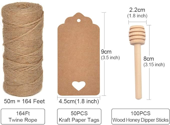 100Pcs 3 Inch Wood Honey Dipper Sticks with Natural Jute Twine & Kraft Paper Tags for Honey Jar Dispense Drizzle Honey Wedding Party Family by BNK