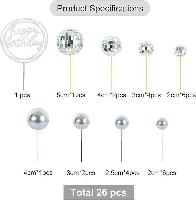 BEISHIDA 27 PCS Disco Ball Cake Toppers - Mini Mirror Ball Cupcake Toppers for Disco Theme Party, 70s 80s Party Decorations, Birthday, Wedding, Anniversary, Baby Shower, and Retro Celebration