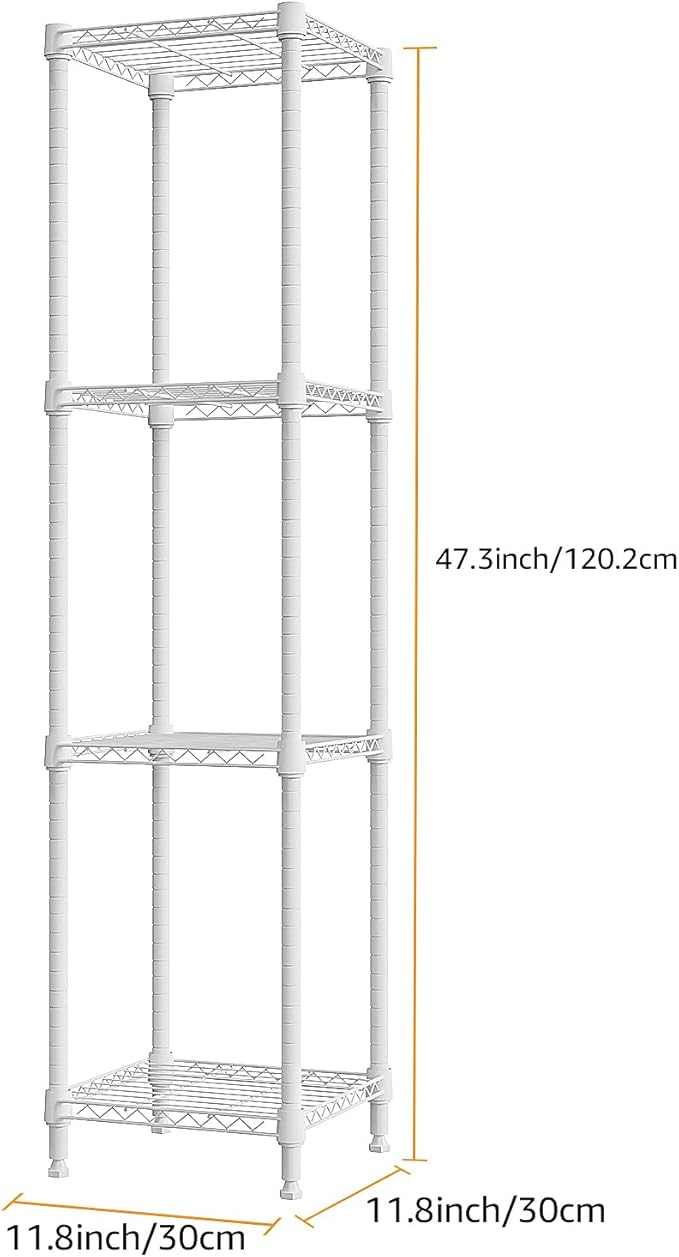 480 lbs Storage Shelves 4 Tier Shelving Units for Storage, Wire Shelving Unit for Closet, Adjustable Shelves for Bathroom Steel Organizer Wire Rack, White 11.8" D x 11.8" W x 47.3" H