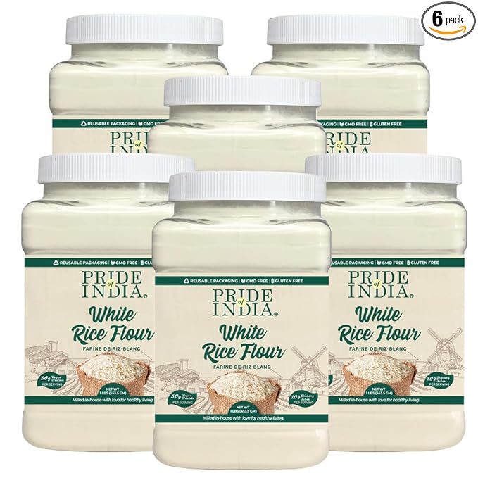 Pride of India - PACK of 6 - White Rice Flour 1 lbs (454 gm) Mild Slightly Sweet Neutral Taste Freshly Milled in Small Batches | Used for Cooking Baking Coating Thickening Pancakes Noodles Pudding