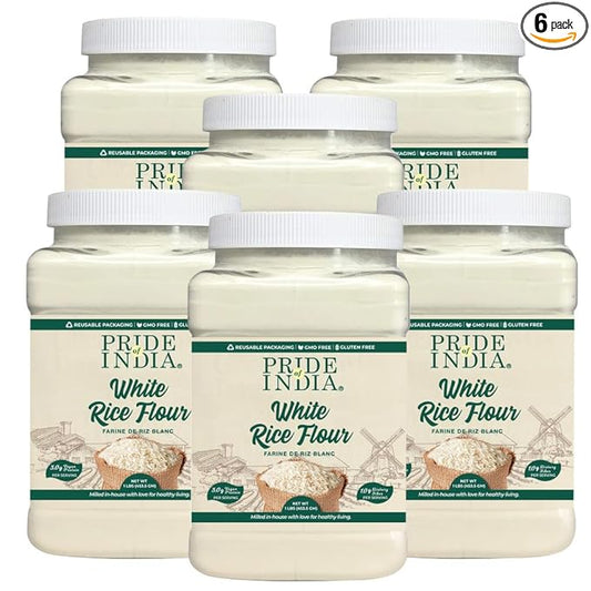 Pride of India - PACK of 6 - White Rice Flour 1 lbs (454 gm) Mild Slightly Sweet Neutral Taste Freshly Milled in Small Batches | Used for Cooking Baking Coating Thickening Pancakes Noodles Pudding
