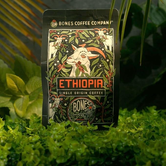 Bones Coffee Company Ethiopia Single-Origin, Citrus, Floral and Berries Notes, Ground Coffee Beans, Low Acid Light Roast Arabica Beans Flavored Coffee, 12 oz Ground