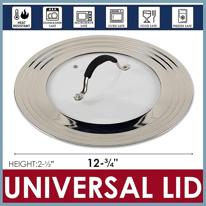 Stainless Steel Universal Lid for Pots, Pans and Skillets - Fits 7" to 12" Pot and Pans - Tempered Glass with Stainless Steel Rim Replacement Frying Pan Cover and Cast Iron Skillet Lid