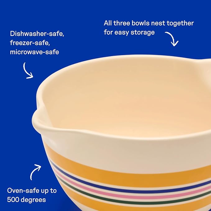 Great Jones Stir Crazy (Striped) | 3-Piece Stackable Ceramic Mixing Bowl Set | Dishwasher, Freezer & Microwave-Safe | Perfect for Baking, Serving & Mixing | Nesting Design for Easy Storage