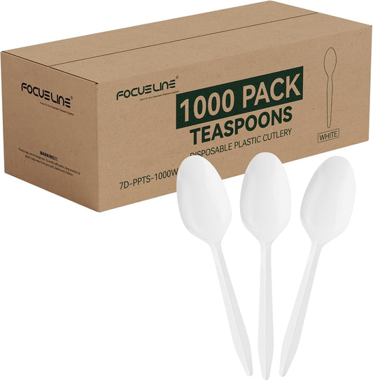 FOCUSLINE 1000 Pack Plastic Teaspoons White, Disposable Spoons Bulk, Heat Resistant Disposable Spoons for Take out Restaurants, Family Gatherings, Outdoor Activities