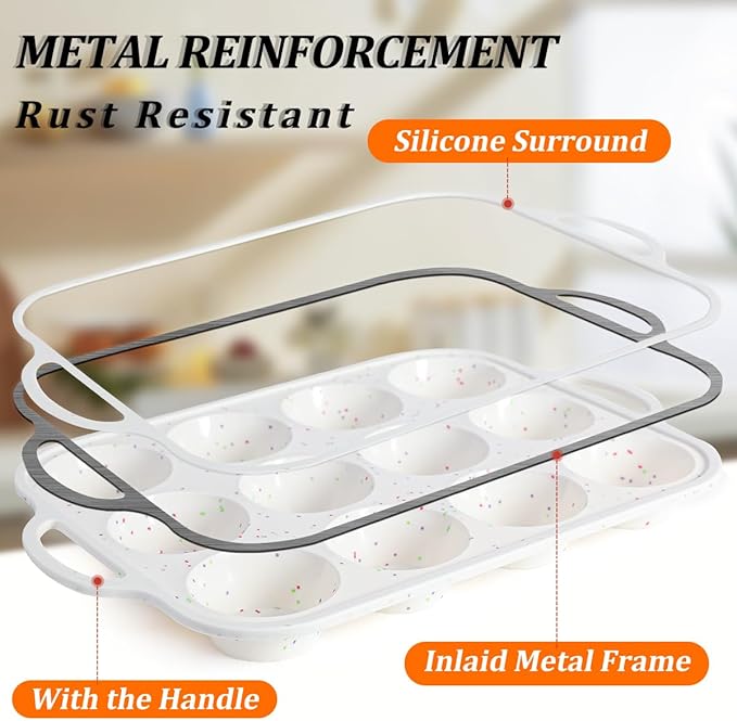 Silicone Muffin Pan, Metal Reinforced Frame Regular Size 2.8 Inch Cupcake Pan with Handle 12 Cups Nonstick Muffin Tray for Baking BPA Free 1 Pack Confetti