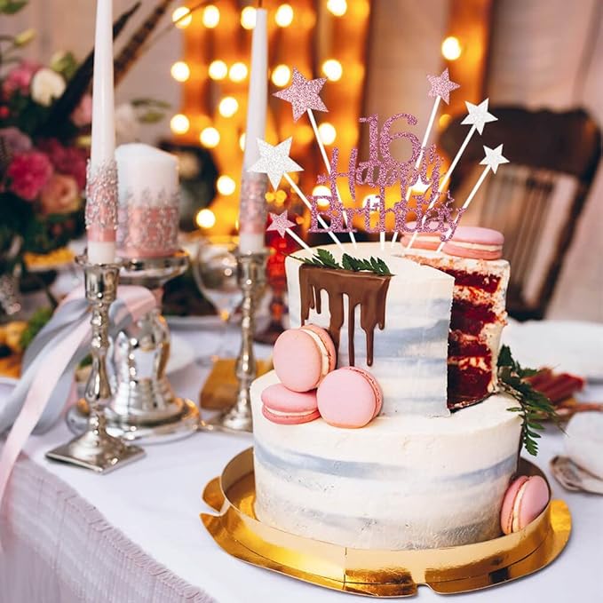 Glittery 16th Happy Birthday Cake Topper with Star,Personalised 16 Birthday Cake Toppers Party Decorations Party Supplies for Boys Girls Rose Gold
