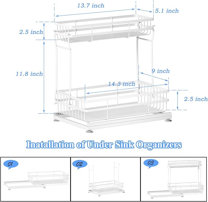 1 Pack Under Sink Organizers and Storage, 2 Tier Pull Out Cabinet Organizer, Metal Sliding Drawer Storage for Kitchen Bathroom，White
