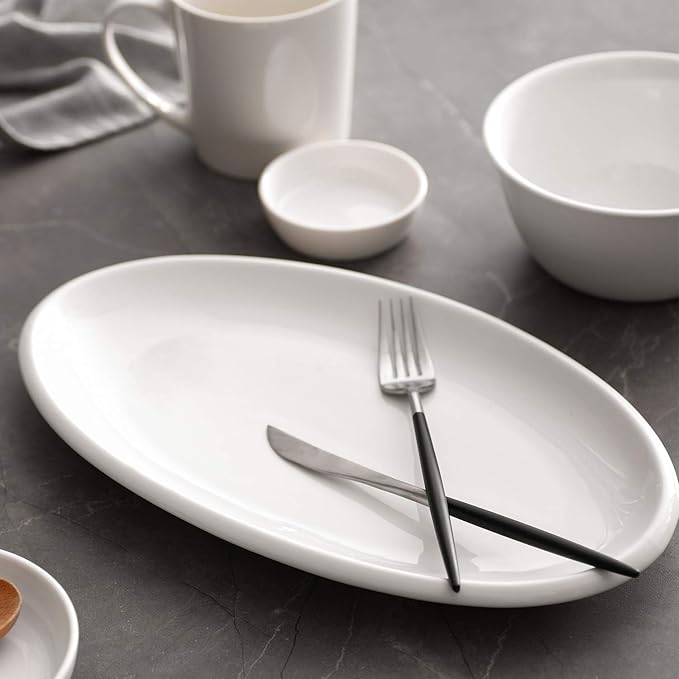 DOWAN 14" Serving Platters for Entertaining, Oval Soft White Serving Plates, Party Serving Trays and Platters Oven Safe, Porcelain Dinner Serving Tray Serving Dishes for Meat, Set of 2