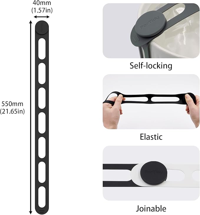 Silicone Latch Strap for Slow Cooker Lid, Pot, Bento Box, 21.65 In Reusable Elastic Self-Lock Silicone Tie for Bundling or Organizing Curtain, Cords, Yoga Mat, Camping Mat, 4pcs (Black)