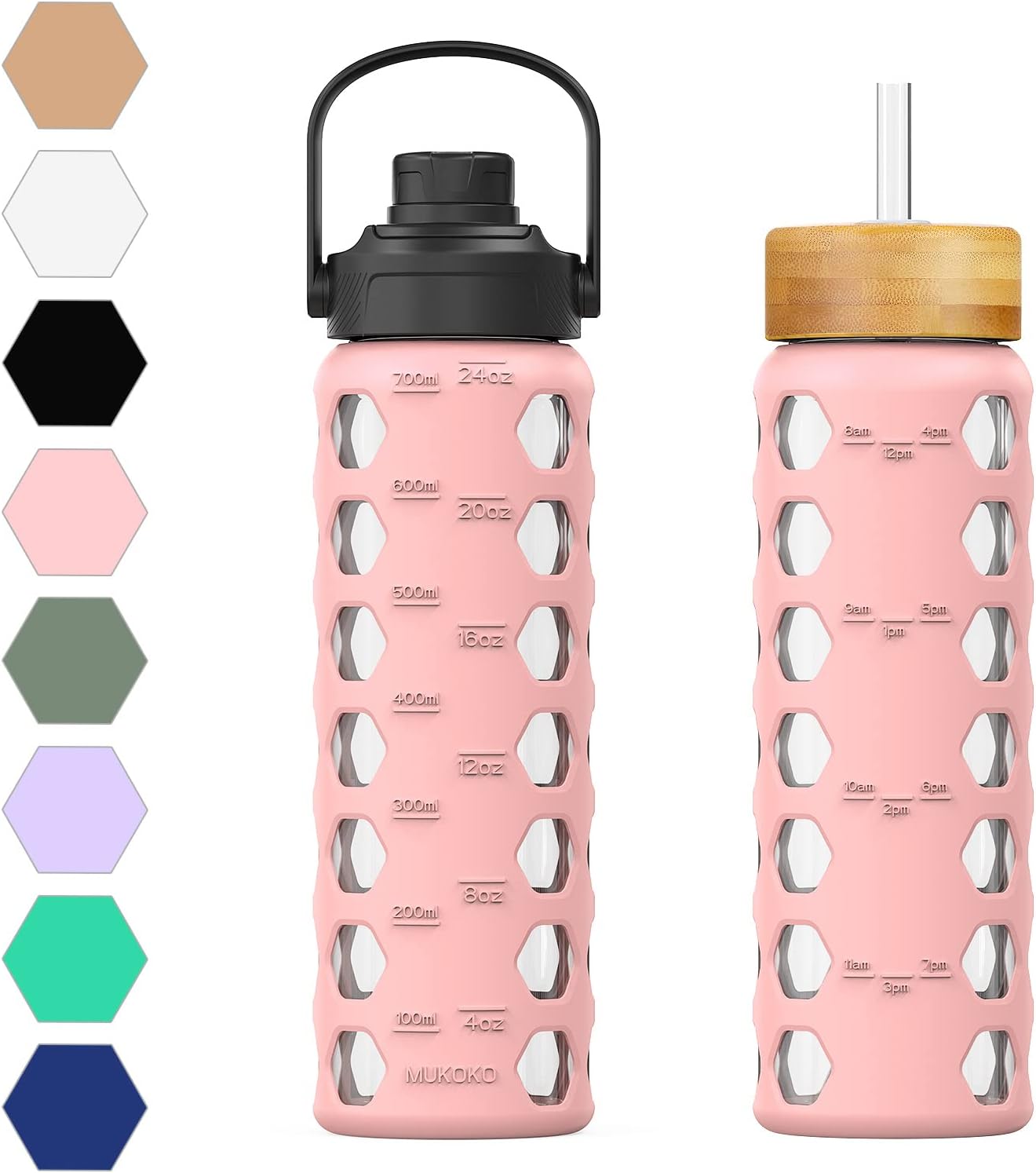 MUKOKO 24oz Glass Water Bottle with 2 Lids-Handle Flip Lid&Bamboo Straw Lid,Motivational Water Tumbler with Time Marker Reminder and Silicone Sleeve, Leakproof-Pink
