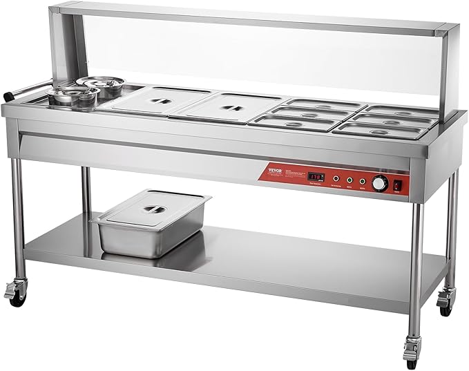 VEVOR Commercial Food Warmer, 8 Pans + 2 Pots Electric Steam Table, 1800W Professional Buffet Catering Food Warmer with Shield Undershelf Wheels, Stainless Steel Server for Party Restaurant