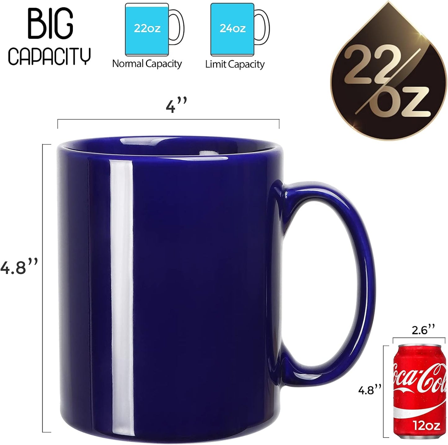Large Coffee Mugs, 22 OZ(650ml) Extra Coffee Mug Set of 2, Smooth Ceramic Boss Cups, Big Capacity and Large Handle, for Dad Men, Blue