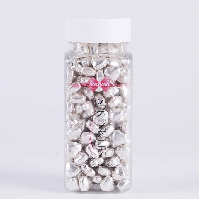 Kasvan Silver Heart Shapes Sprinkles - Edible Candy Pearls 100g/3.58 Oz, Mix Size, Baking Cake Decorations, Ice Cream Toppings and Cookie Decorating, Wedding Party Chirstmas Supplies (Silver)