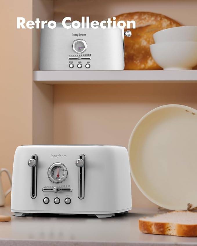 4-Slice Stainless Steel Toaster with 1.6" Wide Slots, Retro Bagel Toaster with 6 Browning Levels, Defrost/Bagel/Cancel, Removable Crumb Tray, Cute White