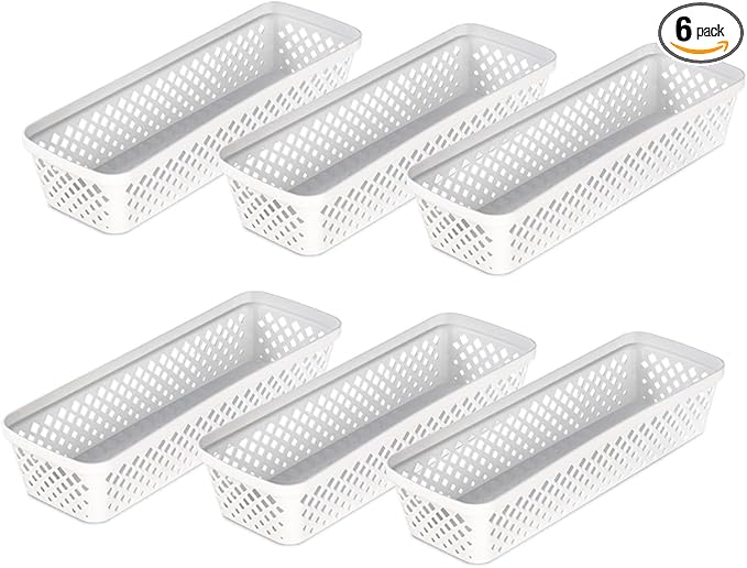 Glad Plastic Storage Basket Set - Multipurpose Drawer Trays, Kitchen Pantry Containers, and Bathroom Bins - 6 Pack Narrow Organizers, White