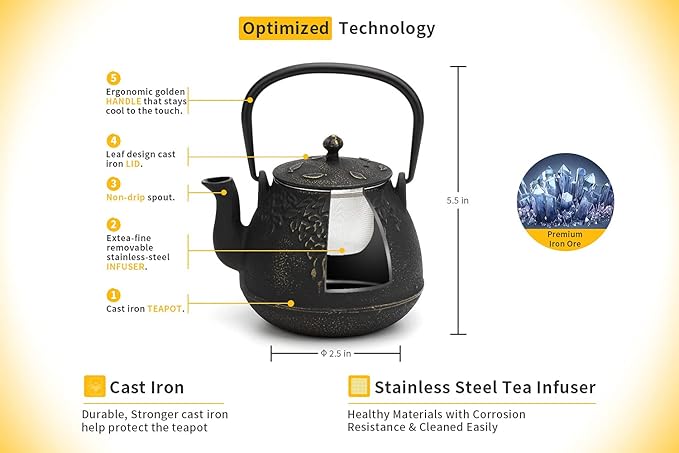 Toptier Mini Little Teapot, Super Small Cast Iron Teapot for Stove Top, Palm-Sized Japanese Stovetop Safe Tea Kettle with Infuser for 11 oz, Black