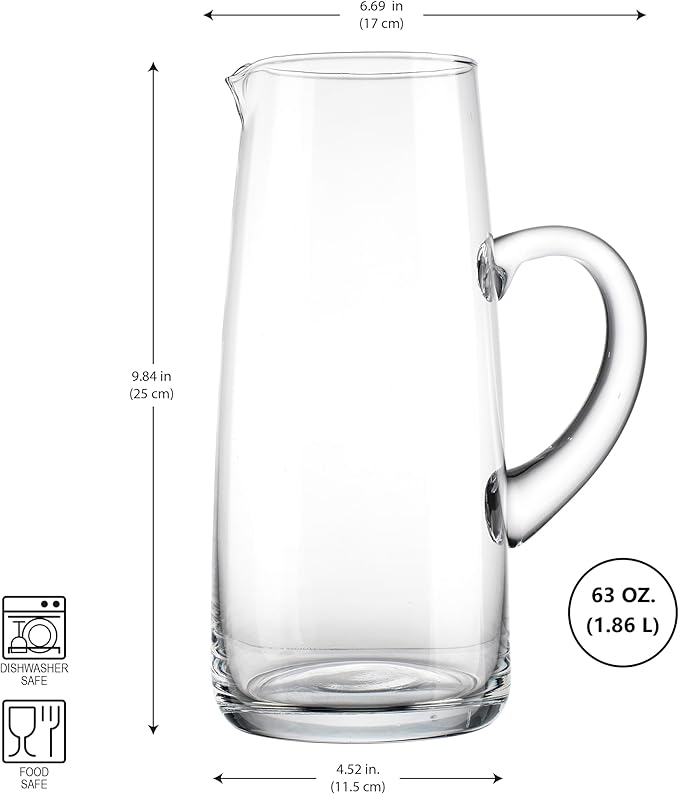 Glass Water Pitcher with Spout – 63 Oz Elegant Serving Carafe for Water, Juice, Sangria, Lemonade, and Cocktails – Clear Glass Beverage Pitcher.