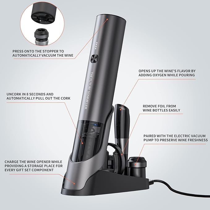 CIRCLE JOY Rechargeable Electric Wine Bottle Opener Set 7-in-1 Aluminum Alloy Wine Gift Set with 2-in-1 Electric Corkscrew & Vacuum Pump, Foil Cutter, Wine Pourer, Charging Base and 2 Wine Stoppers