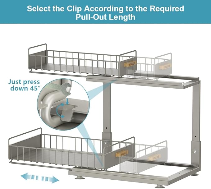 Under Sink Organizer, Pull Out Kitchen Cabinet Organizer 2 Tier Slide Out Under Sink Organizers and Storage, Sink Shelf Cabinet Storage Shelves for Kitchen Bathroom Pantry, Grey