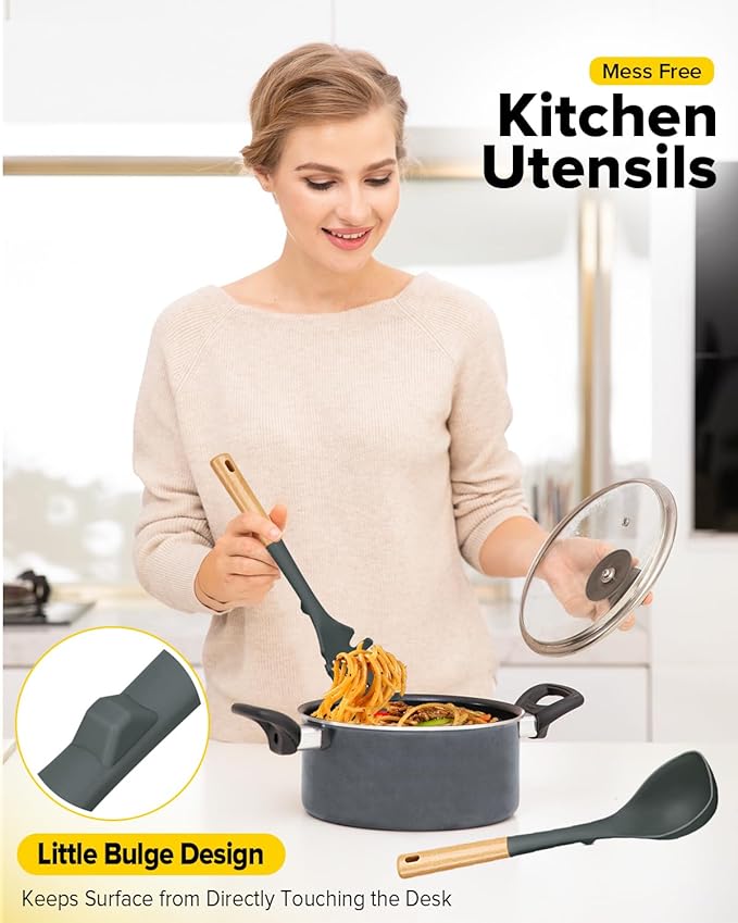 Silicone Soup Ladle and Spaghetti Spoon Set with Wooden Handle, Non Stick Heat Resistant Kitchen Utensils for Cooking, Stirring, Serving Pasta, Soup & Sauce(GRAY)