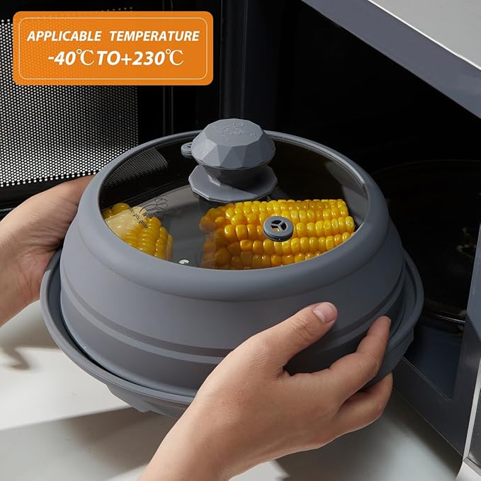 Microwave Splatter Silicone Cover Collapsible, Vented Multifunction Splash Lid with Glass Dish Bowl Plate for Food Cooking Bacon Maker, Dishwasher Safe BPA-Free 9 inch Cookware Set Grey