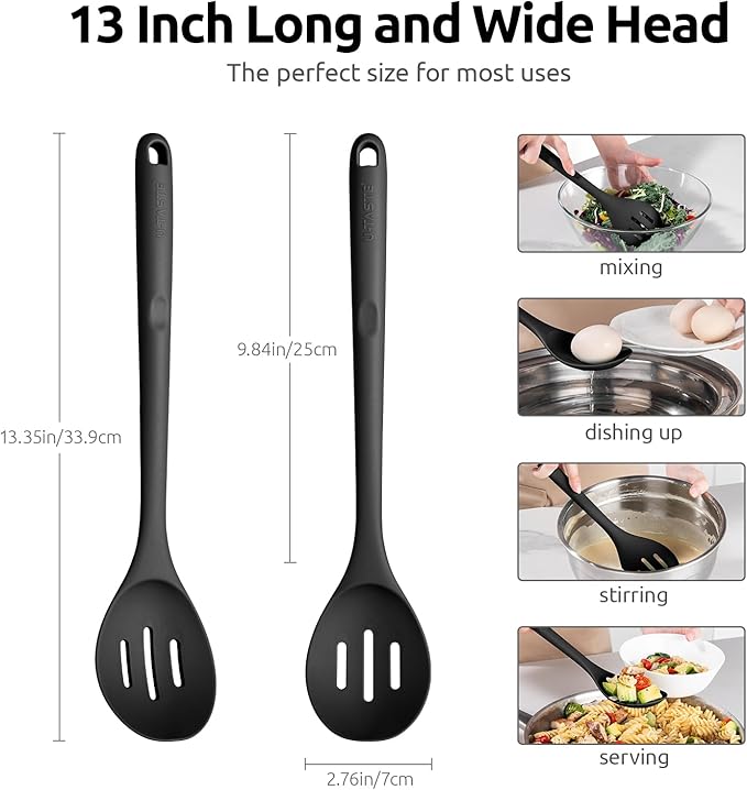 600ºF Heat Resistant Slotted Spoon: U-Taste 13.3in Solid Kitchen Cooking Spoon, Nonstick Food Grade Large & Long Rubber Utensil for Mixing, Serving, Stirring, Basting, Frying, Draining (Black)