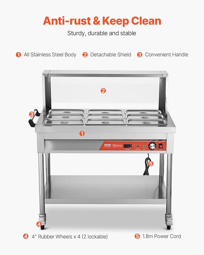 VEVOR 9-Pan Commercial Food Warmer, 9 x 1/3 Pans Electric Steam Table, 1500W Professional Buffet Catering Food Warmer with Shield Undershelf Wheels, Stainless Steel Server for Party Restaurant