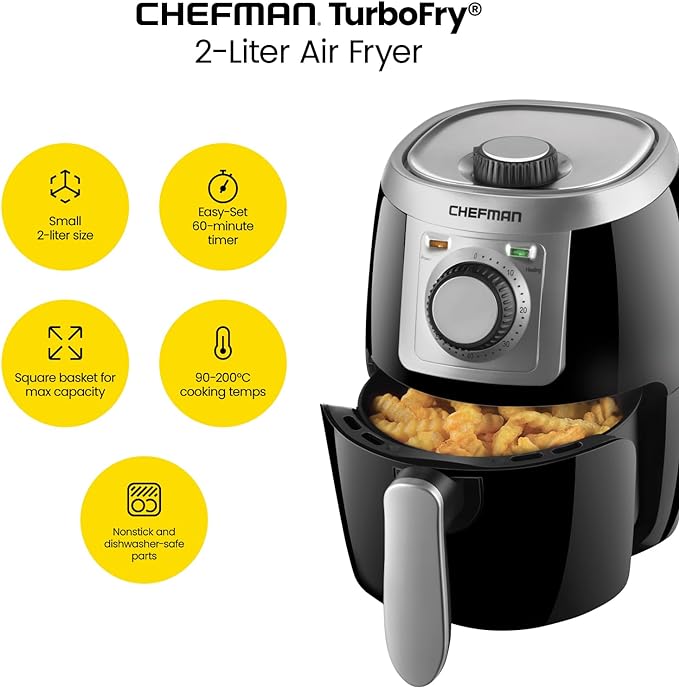 CHEFMAN Small, Compact Air Fryer Healthy Cooking, 2 Qt, Nonstick, User Friendly and Adjustable Temperature Control w/ 60 Minute Timer & Auto Shutoff, Dishwasher Safe Basket, BPA - Free, Black