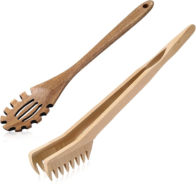 Baderke 2 Pcs Wooden Pasta Spoon with Teeth Large Spaghetti Spoon Utensil, 9.4'' Pasta Tong and 13'' Pasta Fork with Handle, Comfortable Grip Design Server Spoons for Kitchen Spaghetti Noodle